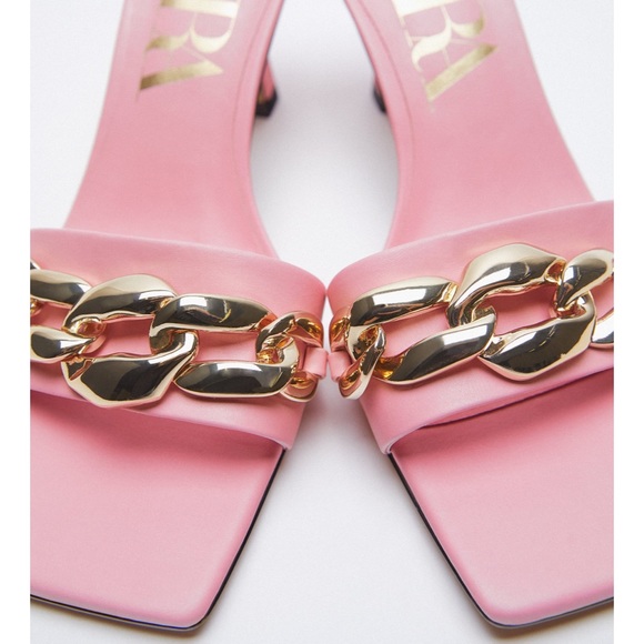 NWT ZARA Heeled Sandals With Chain Detail Gold Pink 9/40 - Picture 2 of 5